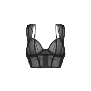 top preto armação copas estruturadas suporte ganchos ilhós ajustáveis alças duplas decorativas tecido poliamida elastano macio luxuoso acabamentos suaves