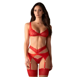 Conjunto três peças vermelho vibrante sutiã tanga liga tecido elástico renda moderno alças ajustáveis acentos dourados