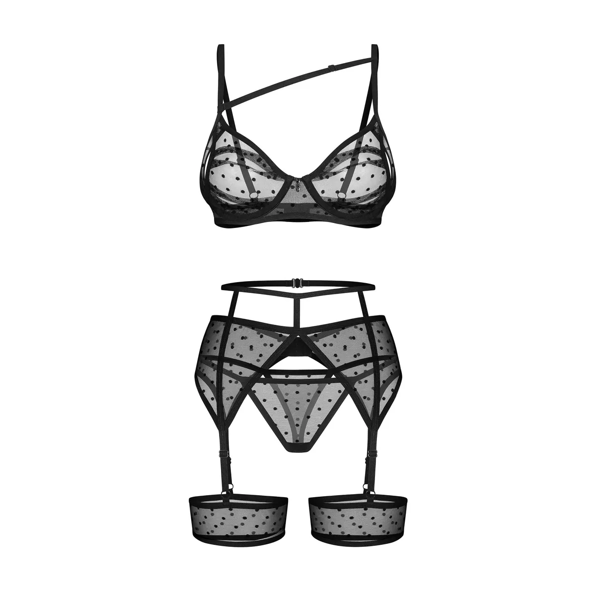 conjunto três peças bolinhas preto sutiã aro tanga liga alças ajustáveis fecho traseiro multiganchos tecido elástico macio qualidade poliamida elastano - Image 7