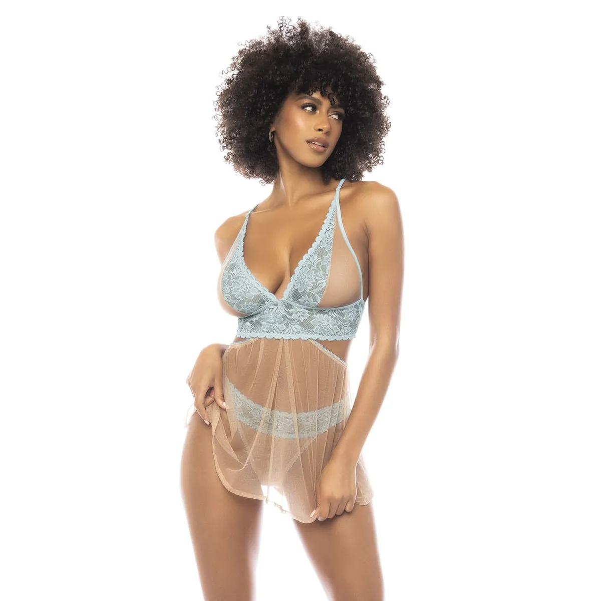 camisola azul suave romântica versátil conjunto duas peças renda tule transparente sutiã costas nuas alças ajustáveis tanga saia removível - Image 3