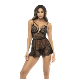 camisola preta renda sensual Selma Mapalé lingerie aros sustentação alças ajustáveis tanga combinando rendada delicada poliamida lavável manualmente