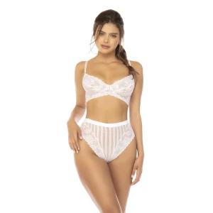 conjunto lingerie branco duas peças renda floral rede listrada sutiã alças ajustáveis calcinha cintura alta poliamida elastano sensualidade ajuste modelagem