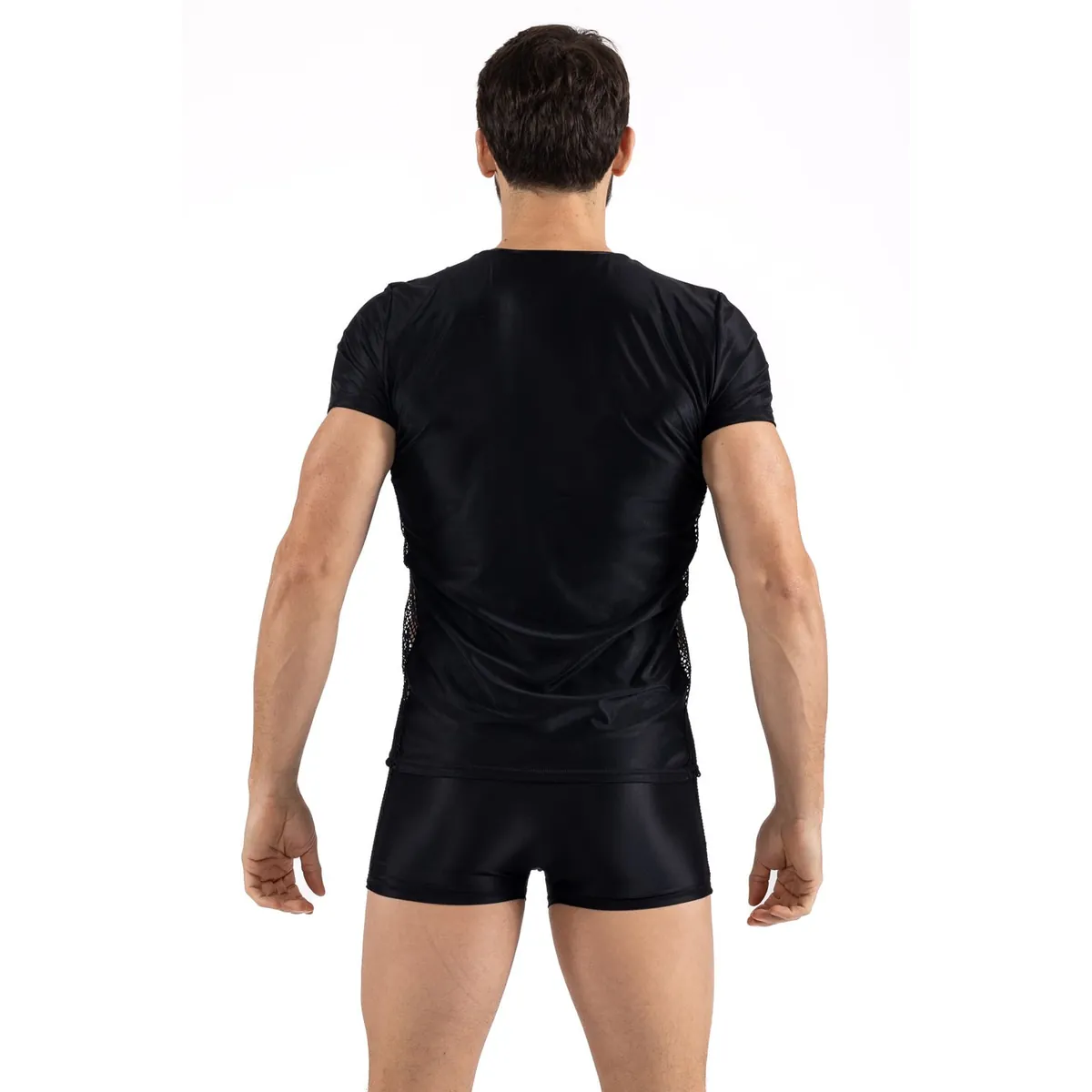 camiseta preta macia confortável opaca tecido renda bordada laterais sensual masculina viril ajuste justo modelagem elástica poliamida elastano - Image 3