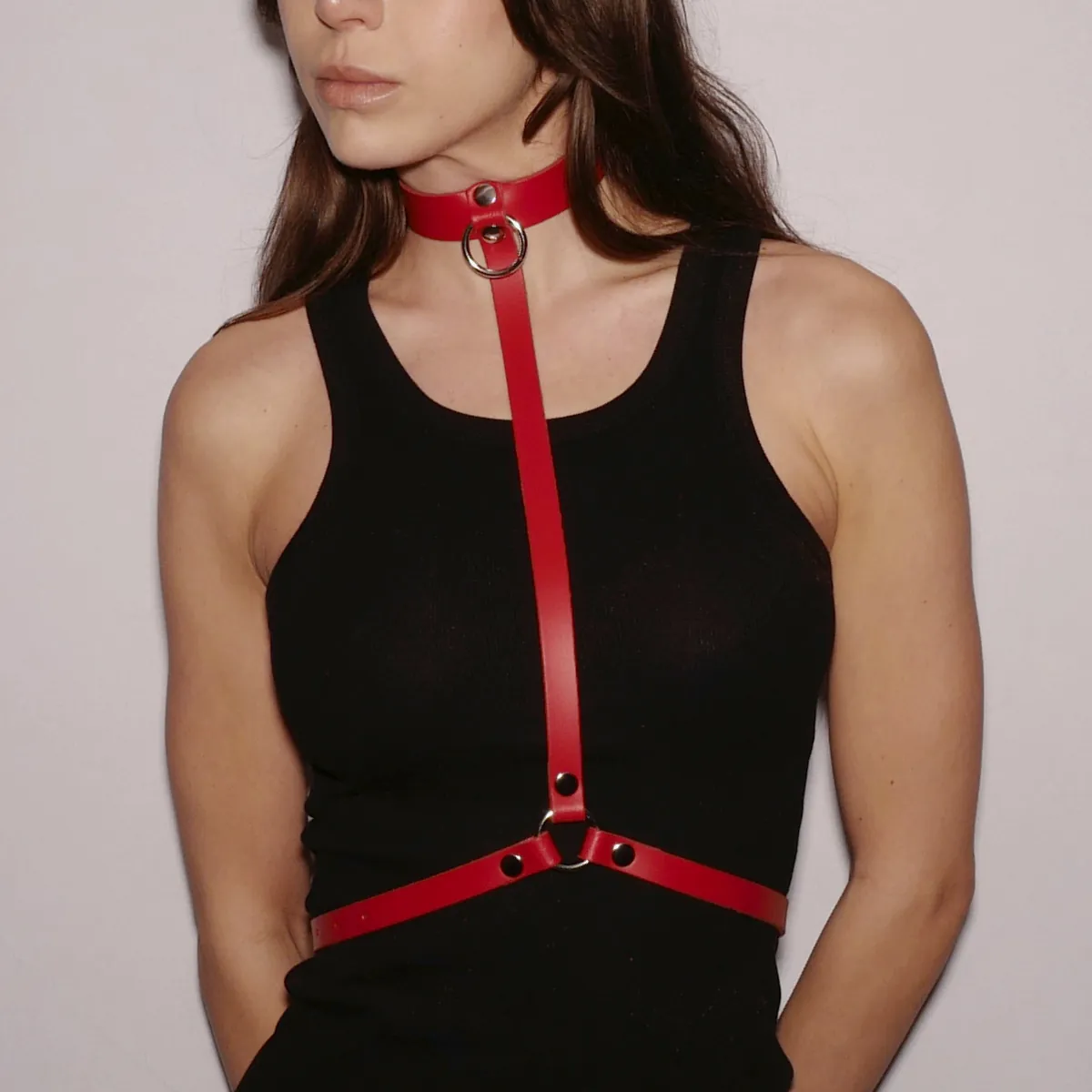 arnês peito couro preto colar cintura ajustável anel prateado joia sugestivo erótico sensual versátil ornamentado elegante - Image 2