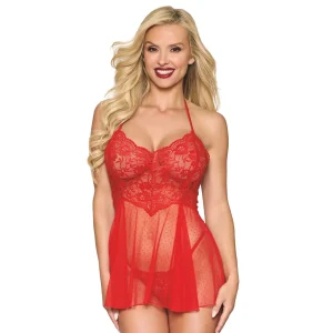 camisola vermelha rede bolinhas renda floral sensual halter amarrada laço costas fio dental combinado nylon elastano