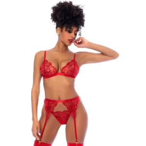 conjunto três peças vermelho vibrante renda bordada lantejoulas florais sutiã alças ajustáveis cinta ligas regulável tanga combinando delicada elegante sensual