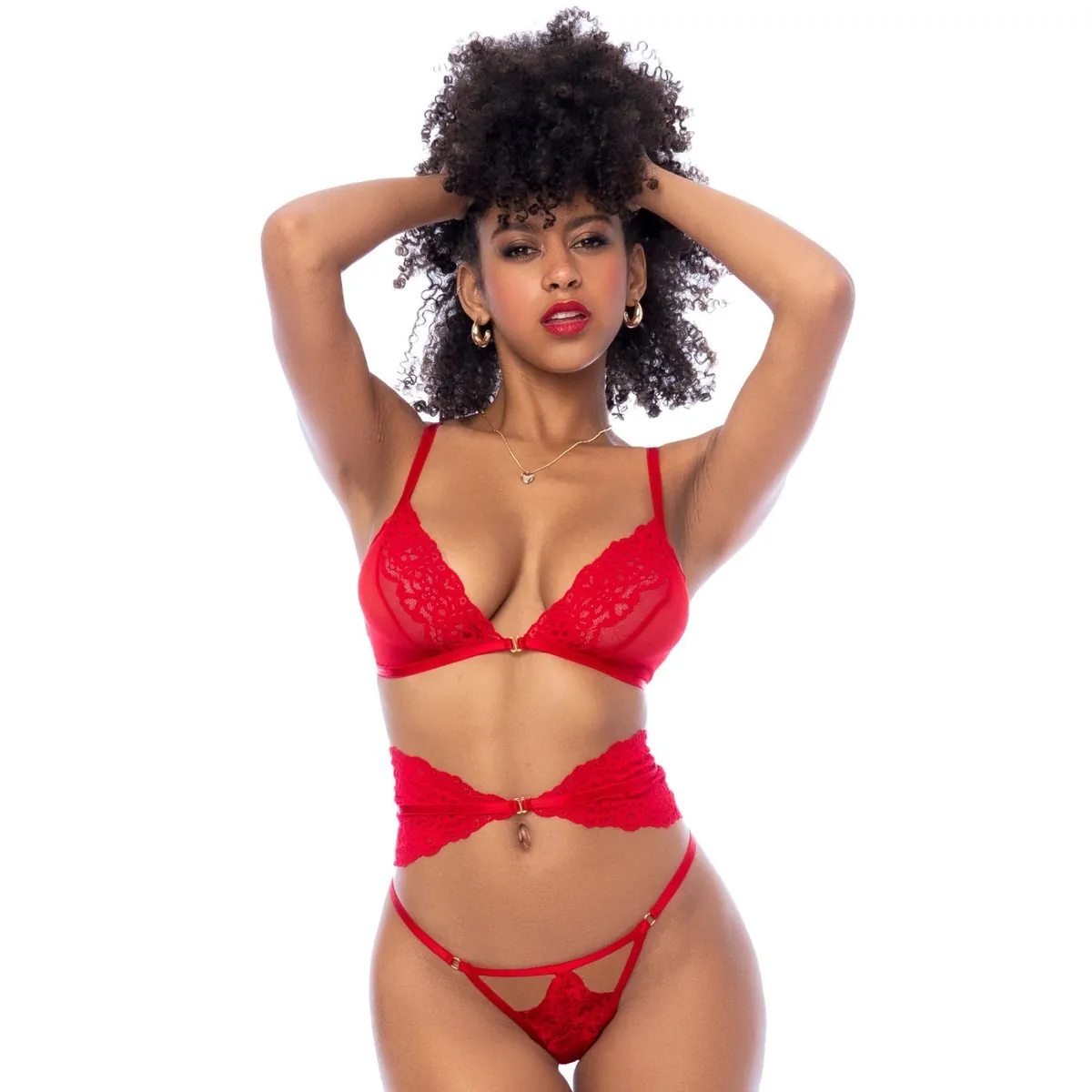 Conjunto sensual conforto renda coração vermelho três peças sutiã alças ajustáveis fecho frontal espartilho flexível tanga aberturas frontais poliamida elastano