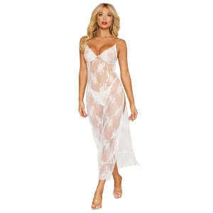 camisola longa branca renda floral alças corrente dourada pérolas ajustáveis tanga combinando incluída material nylon leve transparente sensual elegante