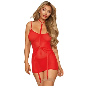 conjunto lingerie vermelho camisola aberta costas arnês pescoço ligas ajustáveis tanga combinando meias excluídas alças reguláveis poliéster elastano sensual confortável