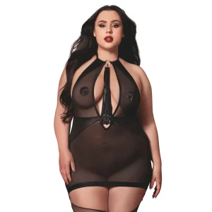 camisola tamanho grande preta transparente ligas integradas chicote removível amarras costas pescoço laços reguláveis renda poliéster elastano sensual