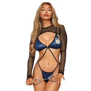 fantasia policial sensual três peças body elastano poliéster top rede alças ajustáveis amarração laço costas algemas metálicas único