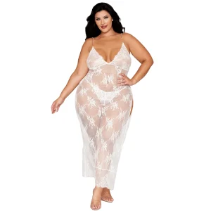 camisola longa branca renda floral tamanho grande alças correntes douradas pérolas ajustáveis tanga combinando incluída nylon transparente sensual