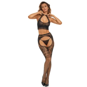 conjunto duas peças malha fantasia preta top meia calça arrastão efeito cinta liga sem tanga nylon elastano