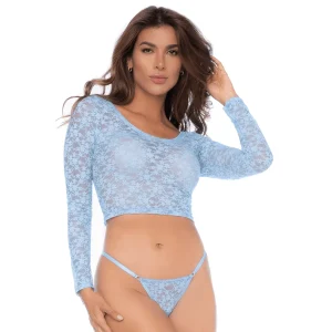 Conjunto Renda Floral Azul Pastel Top Curto Manga Longa Transparente Delicada Elástica Tanga Sensual Versátil Elegante
