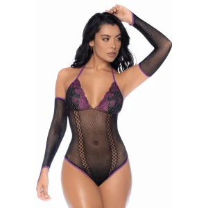 body tule romântico preto roxo bojos renda floral halter decote sedutor detalhes contrastantes luvas removíveis ajuste elástico delicado