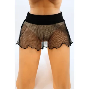 mini saia preta Sofia rede larga transparente malha evasê curto bordas onduladas cintura elástico ajuste perfeito efeito sedutor
