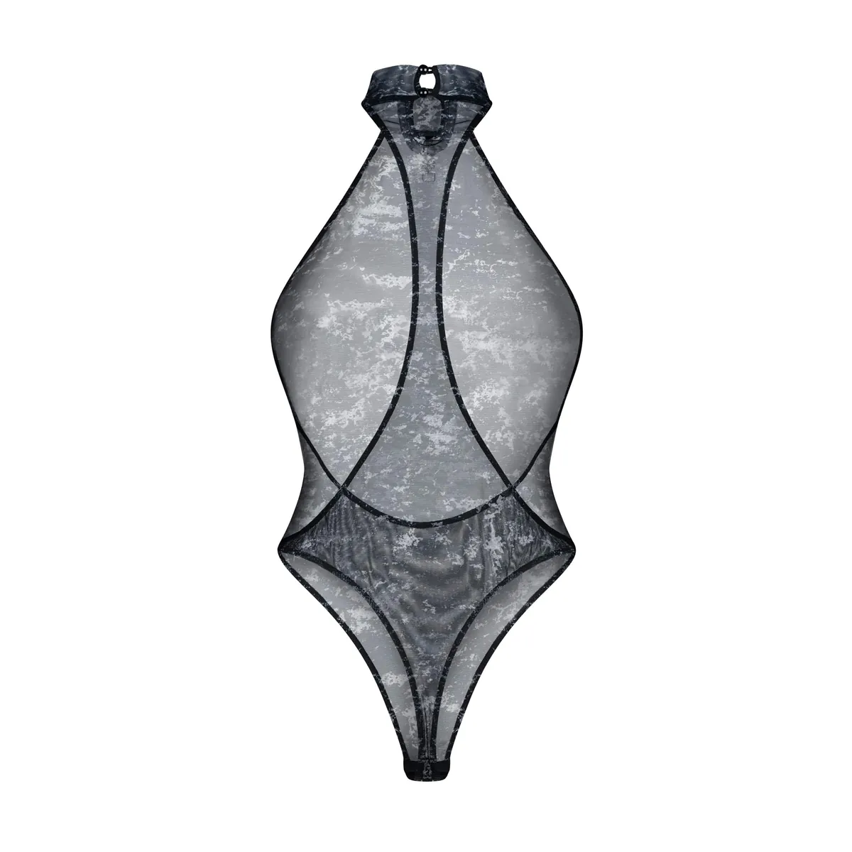 Body transparente gola curta ousado tecido elástico perfeito costas expostas malha padrão moderno pingente prata antialérgico sem níquel poliéster elastano - Image 3