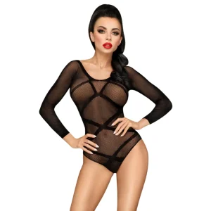 body preto mangas compridas rede transparente faixas pretas opacas estilo tiras gola redonda costas nuas abertura entrepernas coleção exclusiva
