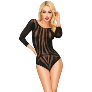 body preto rede fina faixas opacas transparentes costas nuas abertura entrepernas manga três quartos sensual elegante ajustado nylon elastano sofisticado