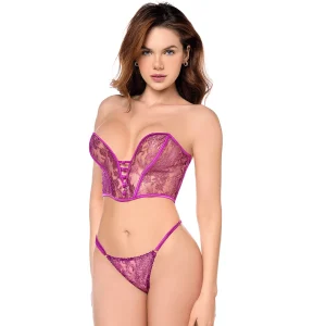 conjunto sexy duas peças renda acetinada bustiê sem alças decote profundo fechamento colchetes costas tanga ajustável metalizada detalhes Mapalé