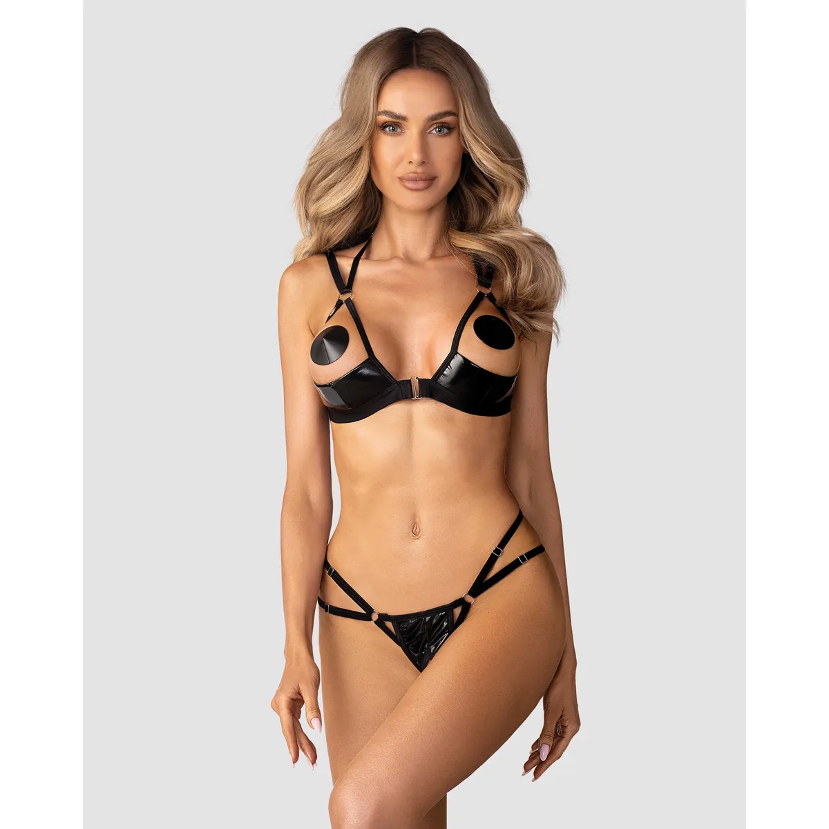Conjunto lingerie aberto preto Keira Lise sutiã tanga látex imitação brilhante alças ajustáveis pescoço fecho confortável sensual ousado - Image 3