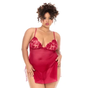 Babydoll tamanho grande Mapalé bordado metálico bojos tule transparente fendas laterais laços decorativos alças ajustáveis tanga combinando sensual romântica atrevida