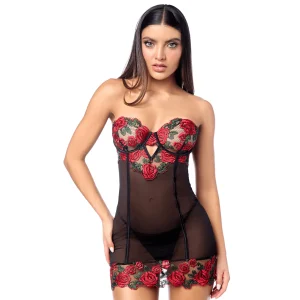 Babydoll sexy aro Mapalé bordado rosas tule transparente dorso trançado alças removíveis tanga combinando elegante sensual atemporal