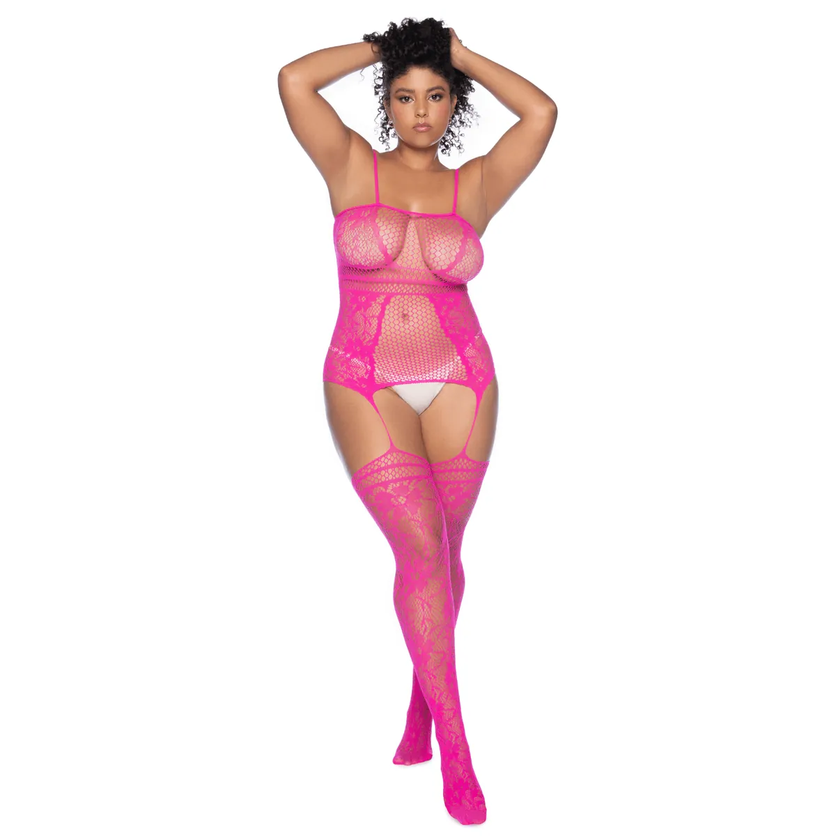 Macacão tamanhos grandes renda floral rosa sofisticada cinta liga integrada meias anexadas corte ajustado modelador poliamida elastano - Image 3
