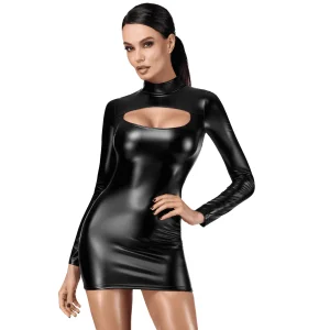 vestido mini justo aderente preto decote recortado valorizador busto mangas compridas gola alta zíper oculto costas poliéster elastano polímero