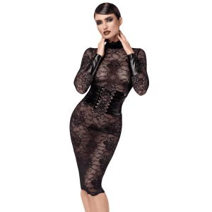 vestido midi renda preto gola alta fechada punhos largos corpete modelador integrado laço ajustável fenda traseira bainha rendada poliamida elastano