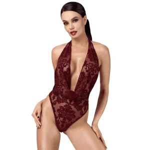 body flocado bordô tecido drapeado decote costas abertas parte inferior fio dental poliéster elastano sensual justo