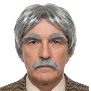 Peruca Cinzenta com Bigode e Sobrancelhas